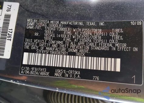 2010 Toyota Tundra Grade 5.7L V8 z USA, uszkodzony, nr VIN 5TFRY5F19AX082901